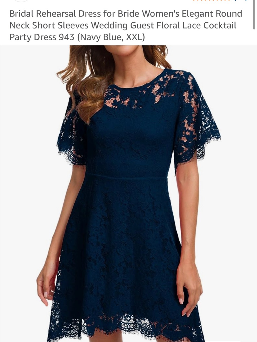 Lace Fit & Flare Short Sleeve Dress in Navy Blue